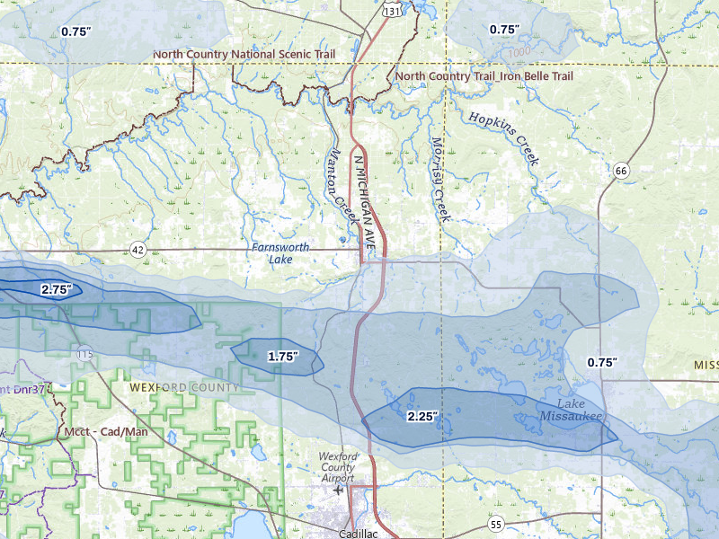 NEXRAD radar-signature map of the hail storm over Manton, MI on Mar 30, 2026