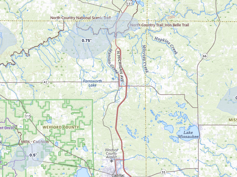 NEXRAD radar-signature map of the hail storm over Manton, MI on Jul 1, 2026
