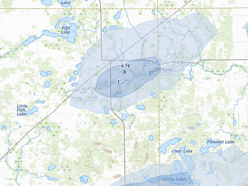 NEXRAD radar-signature map of the hail storm over Marcellus, MI on Jul 3, 2026