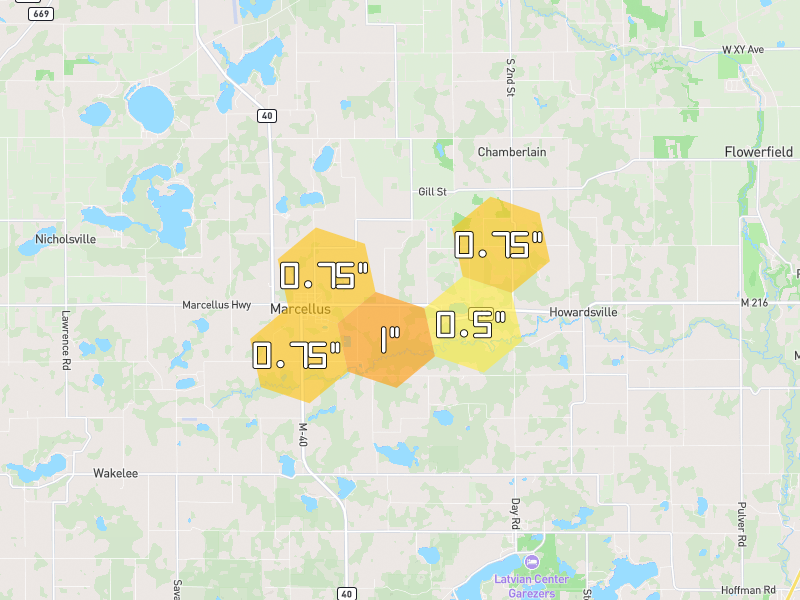 Hail map of Marcellus, MI on Jul 3, 2026, hail up to 1"