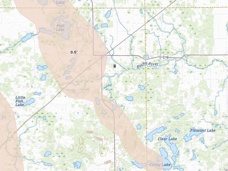 Radar-estimated hail-size map of the storm over Marcellus, MI on Jul 27, 2026