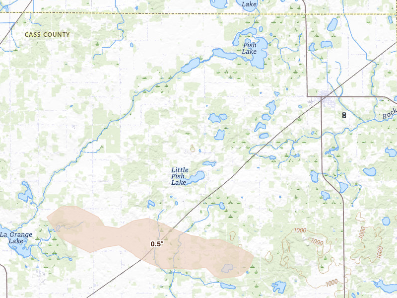 Radar-estimated hail-size map of the storm over Marcellus, MI on Aug 10, 2026