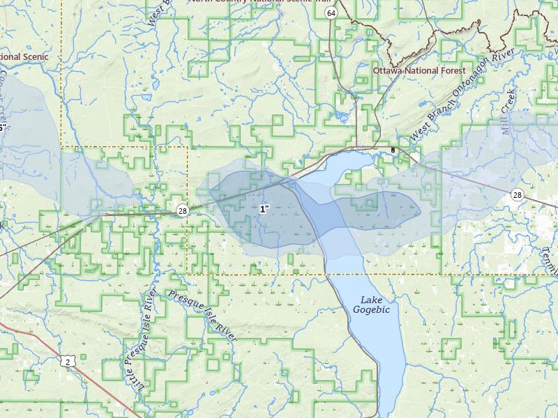 NEXRAD radar-signature map of the hail storm over Marenisco, MI on Jun 29, 2026