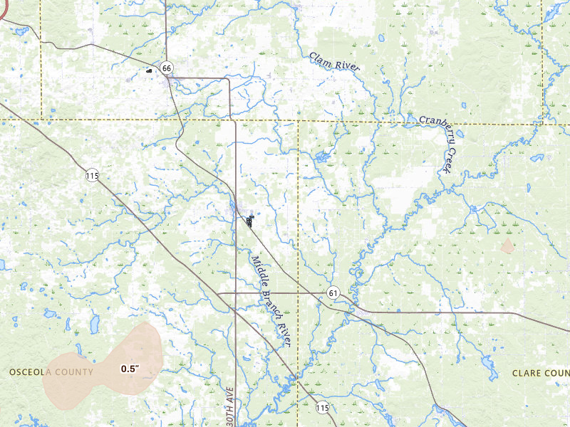 Radar-estimated hail-size map of the storm over Marion, MI on Jul 1, 2026