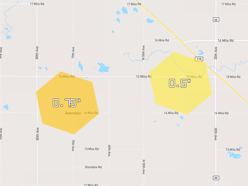 Hail map of Marion, MI on Jul 1, 2026, hail up to 0.75"