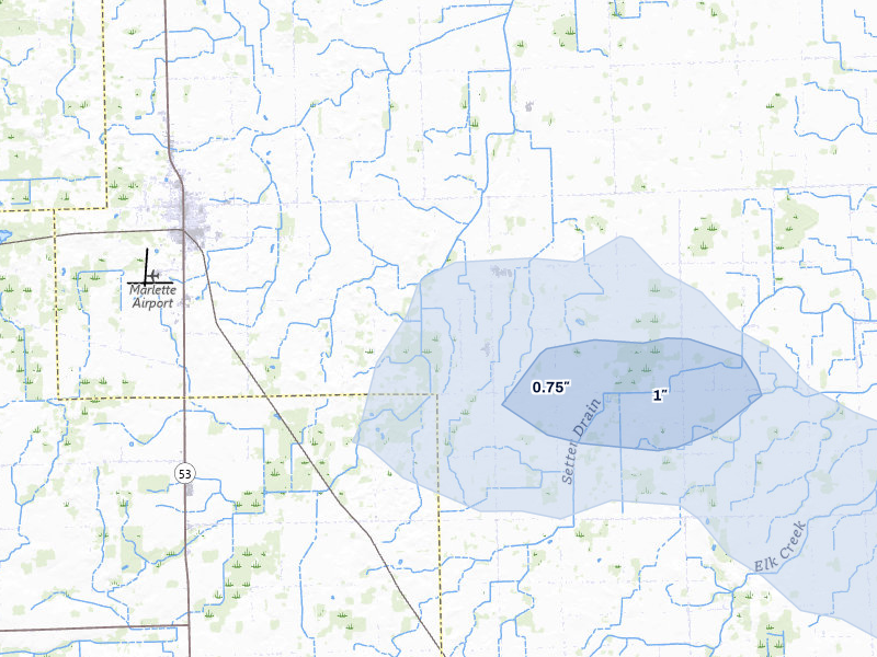 NEXRAD radar-signature map of the hail storm over Marlette, MI on Jul 21, 2026