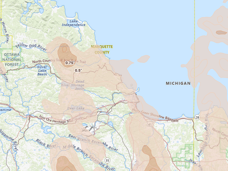 Radar-estimated hail-size map of the storm over Marquette, MI on Jul 12, 2026