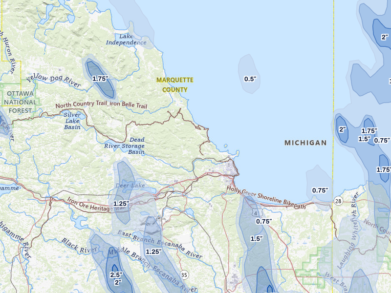 NEXRAD radar-signature map of the hail storm over Marquette, MI on Jul 12, 2026
