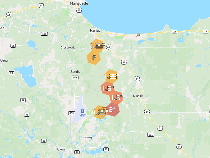 Hail map of Marquette, MI on Jul 12, 2026, hail up to 2"