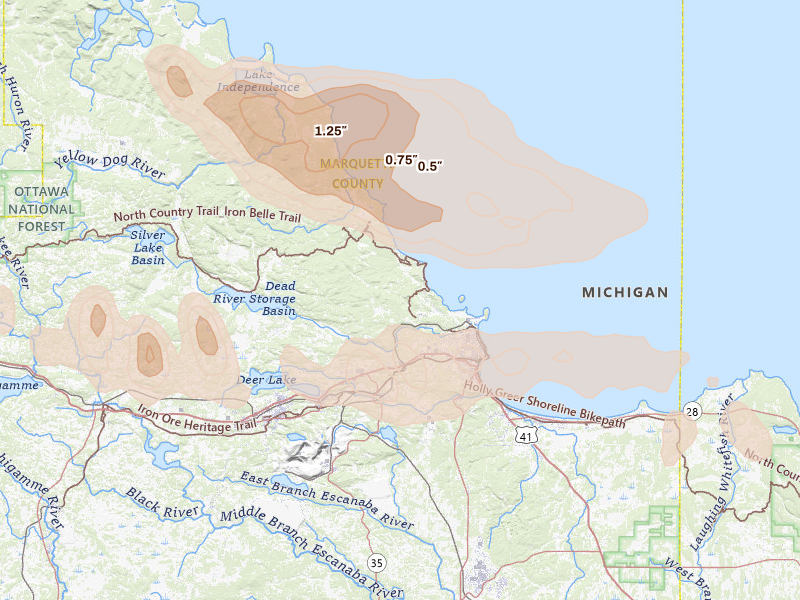 Radar-estimated hail-size map of the storm over Marquette, MI on Jul 20, 2026