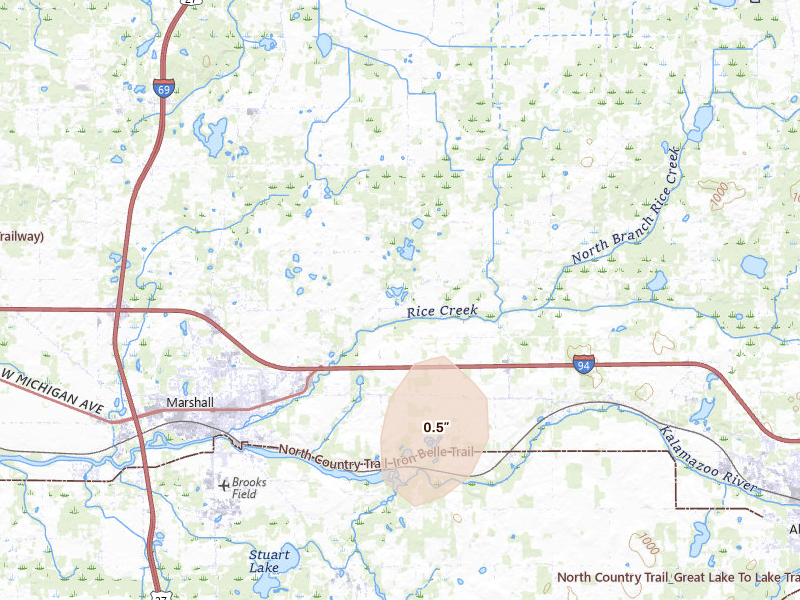 Radar-estimated hail-size map of the storm over Marshall, MI on Aug 9, 2026