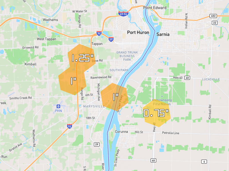 Hail map of Marysville, MI on Jul 21, 2026, hail up to 1.25"