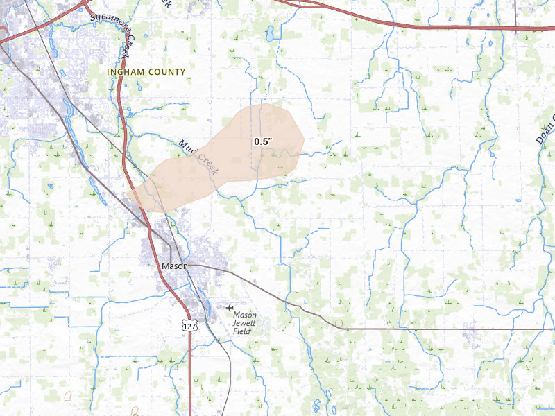 Radar-estimated hail-size map of the storm over Mason, MI on Aug 22, 2026