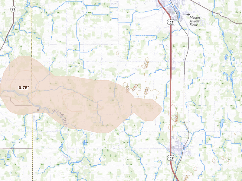 Radar-estimated hail-size map of the storm over Mason, MI on Sep 3, 2026
