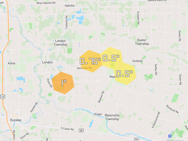Hail map of Maybee, MI on Jul 3, 2026, hail up to 1"