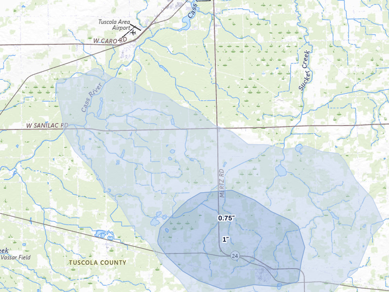 NEXRAD radar-signature map of the hail over Mayville, MI
