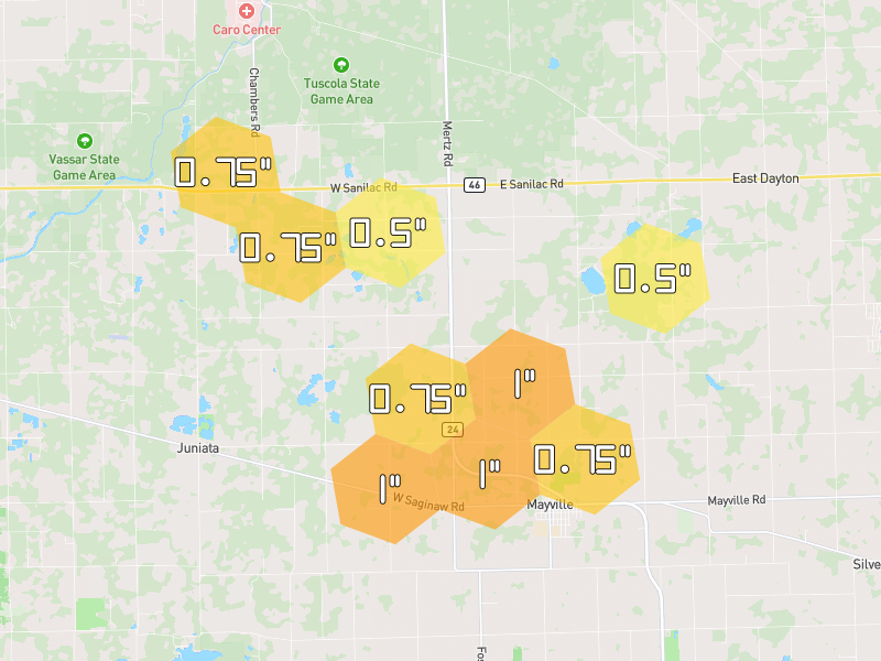 Hail map of Mayville, MI on Jul 21, 2026, hail up to 1"