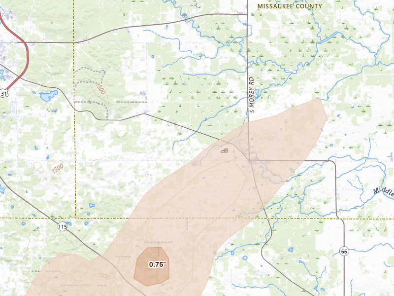 Radar-estimated hail-size map of the storm over Mc Bain, MI