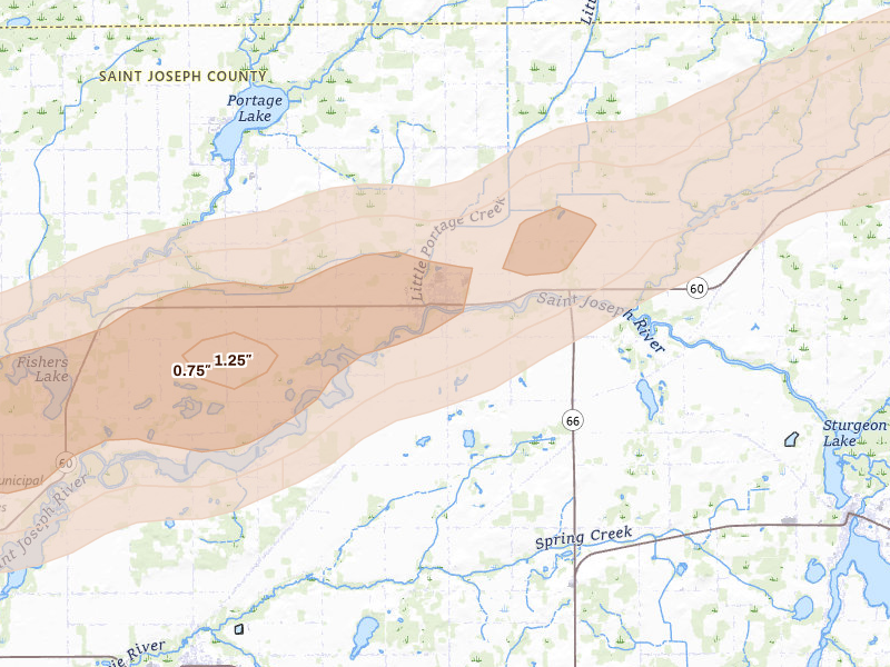 Radar-estimated hail-size map of the storm over Mendon, MI on Mar 6, 2026