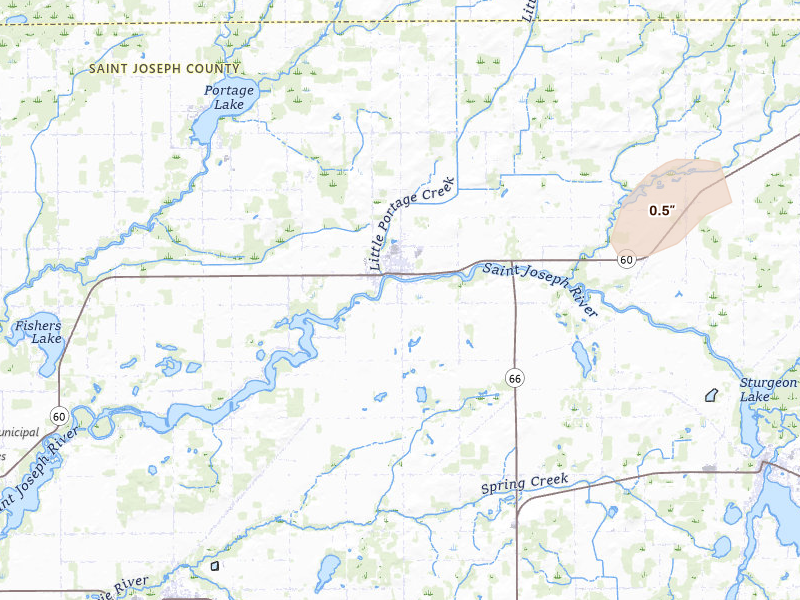 Radar-estimated hail-size map of the storm over Mendon, MI on May 18, 2026