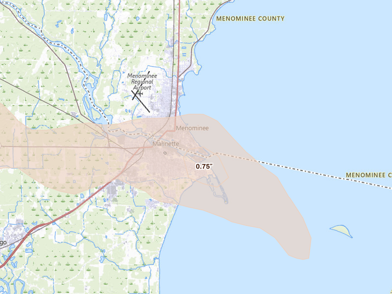 Radar-estimated hail-size map of the storm over Menominee, MI on Aug 18, 2026