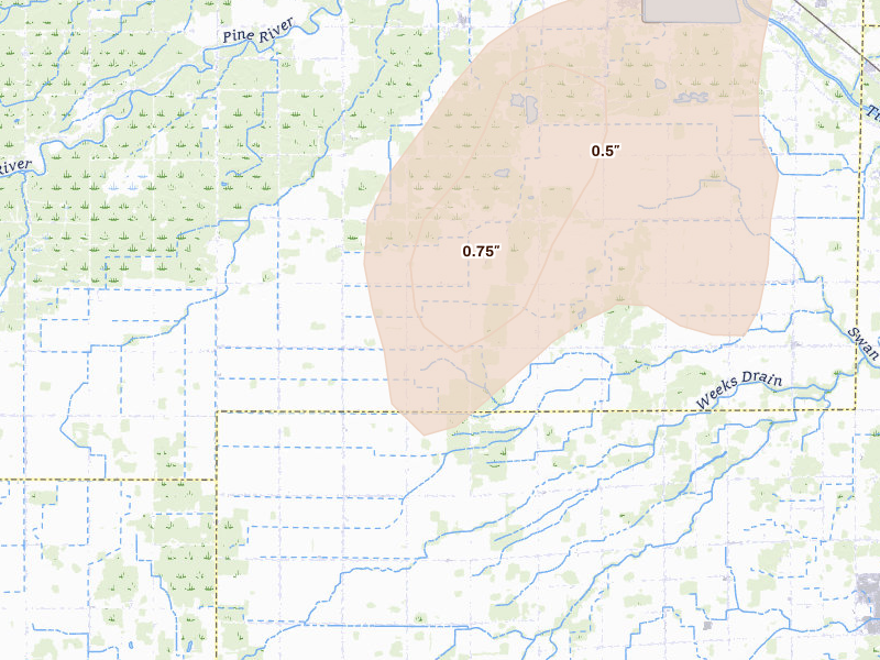 Radar-estimated hail-size map of the storm over Merrill, MI on Jun 16, 2026