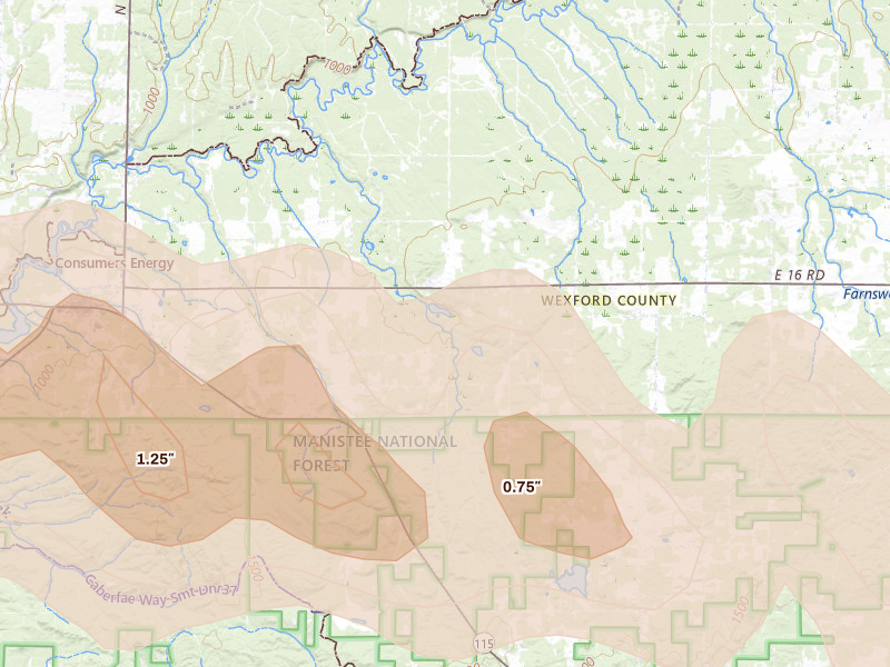 Radar-estimated hail-size map of the storm over Mesick, MI on Mar 30, 2026