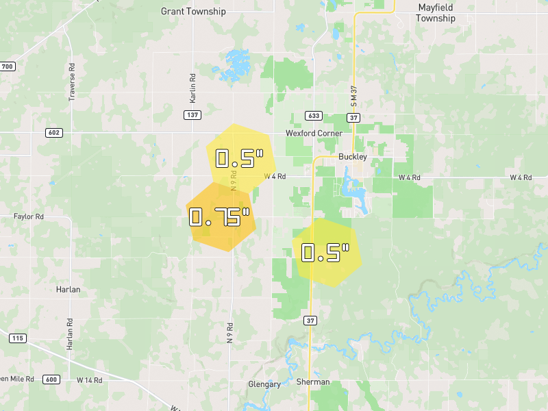 Hail map of Mesick, MI on Jul 2, 2026, hail up to 0.75"