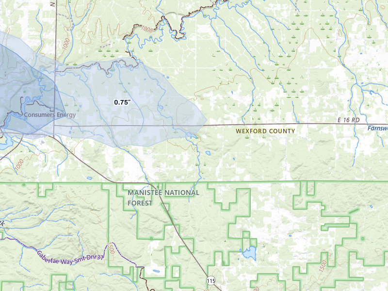 NEXRAD radar-signature map of the hail storm over Mesick, MI on Jul 20, 2026