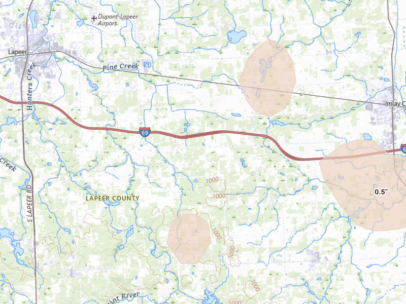 Radar-estimated hail-size map of the storm over Metamora, MI on Jul 18, 2026