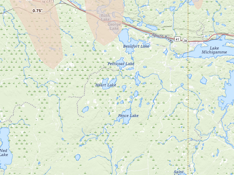 Radar-estimated hail-size map of the storm over Michigamme, MI on Jul 20, 2026