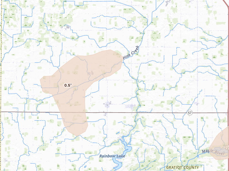 Radar-estimated hail-size map of the storm over Middleton, MI on Jun 10, 2026