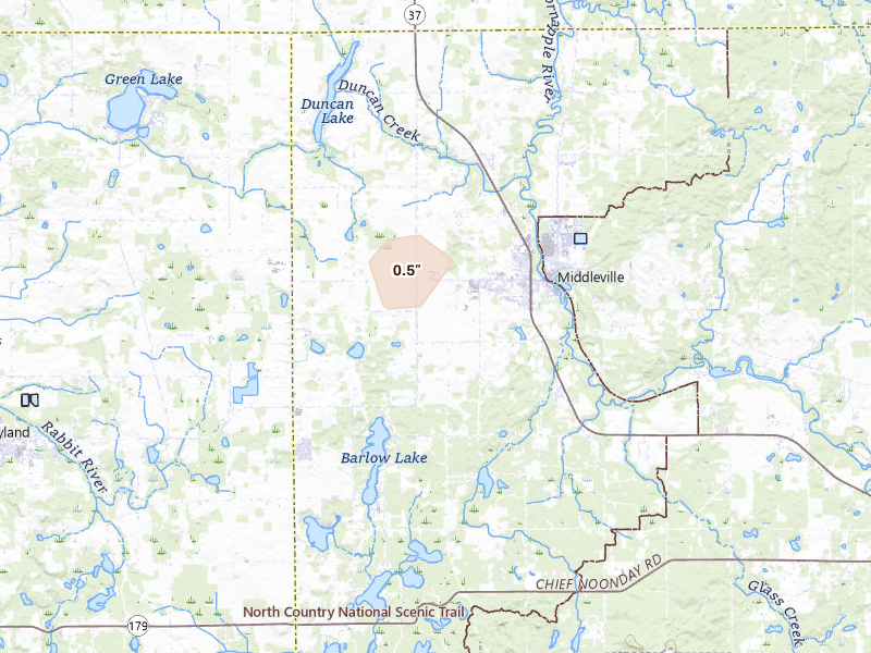 Radar-estimated hail-size map of the storm over Middleville, MI on Jun 10, 2026