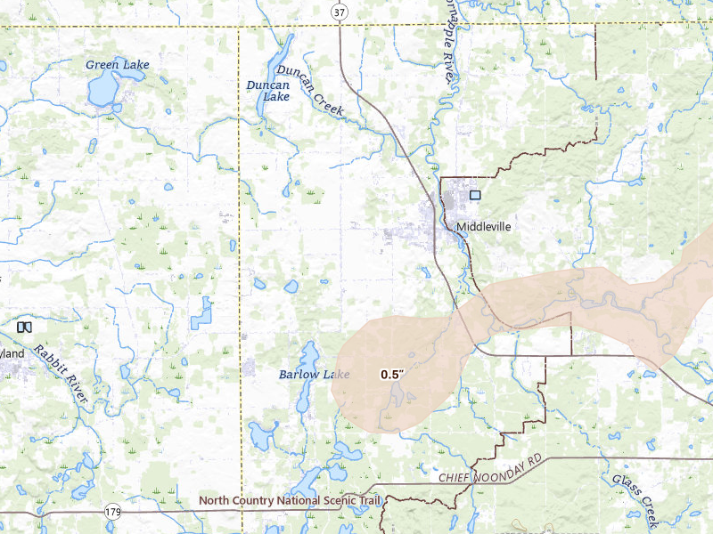 Radar-estimated hail-size map of the storm over Middleville, MI on Jul 2, 2026