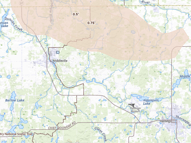 Radar-estimated hail-size map of the storm over Middleville, MI on Aug 9, 2026