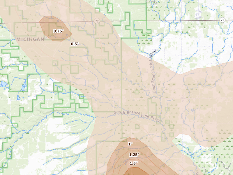 Radar-estimated hail-size map of the storm over Mikado, MI on Jul 27, 2026
