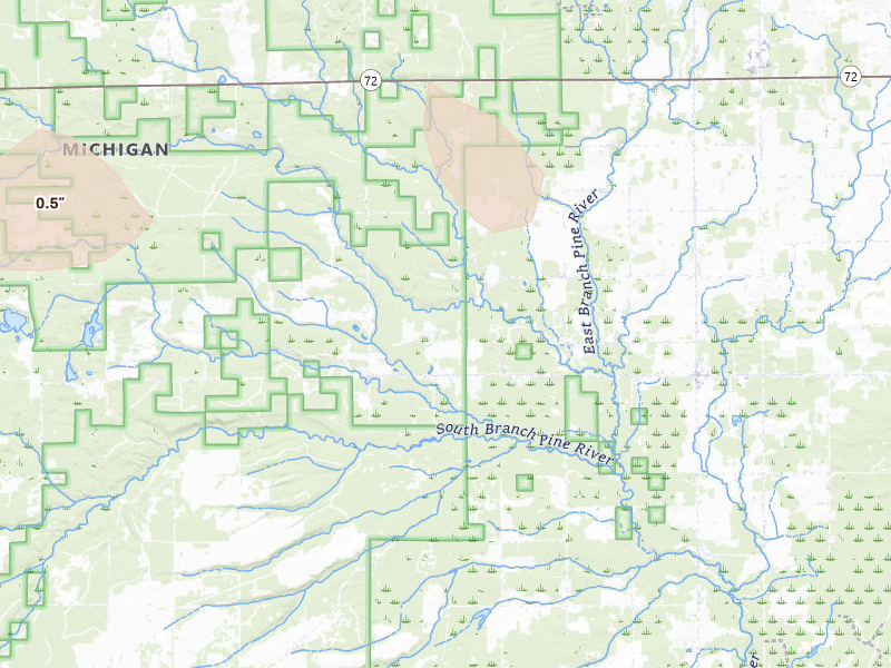 Radar-estimated hail-size map of the storm over Mikado, MI on Aug 11, 2026