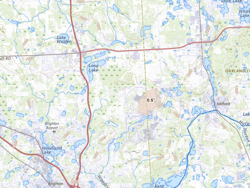 Radar-estimated hail-size map of the storm over Milford, MI on Jun 16, 2026
