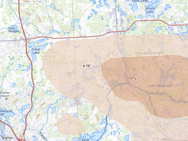 Radar-estimated hail-size map of the storm over Milford, MI on Sep 2, 2026