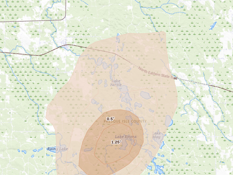 Radar-estimated hail-size map of the storm over Millersburg, MI on Jun 16, 2026