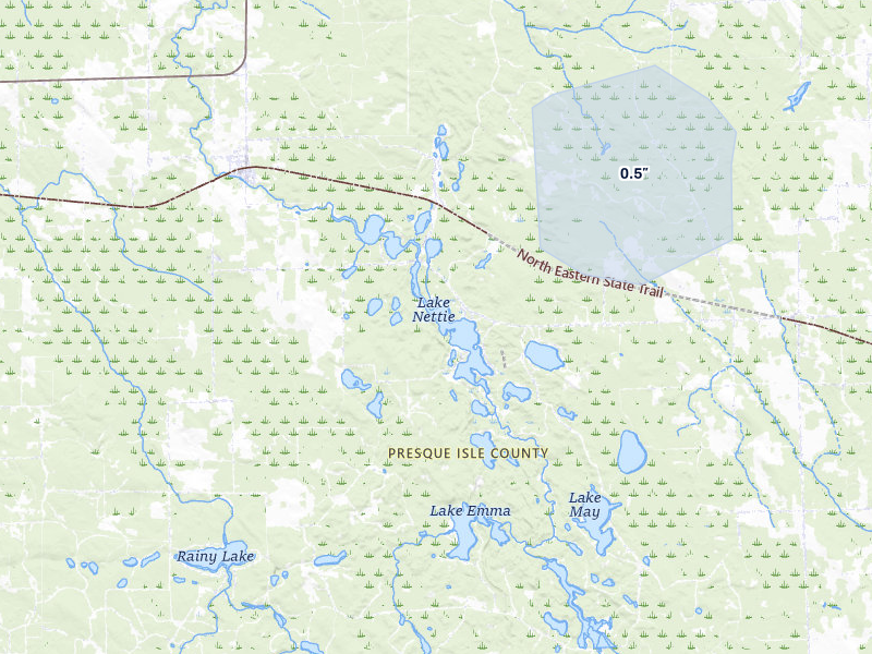 NEXRAD radar-signature map of the hail storm over Millersburg, MI on Jul 1, 2026
