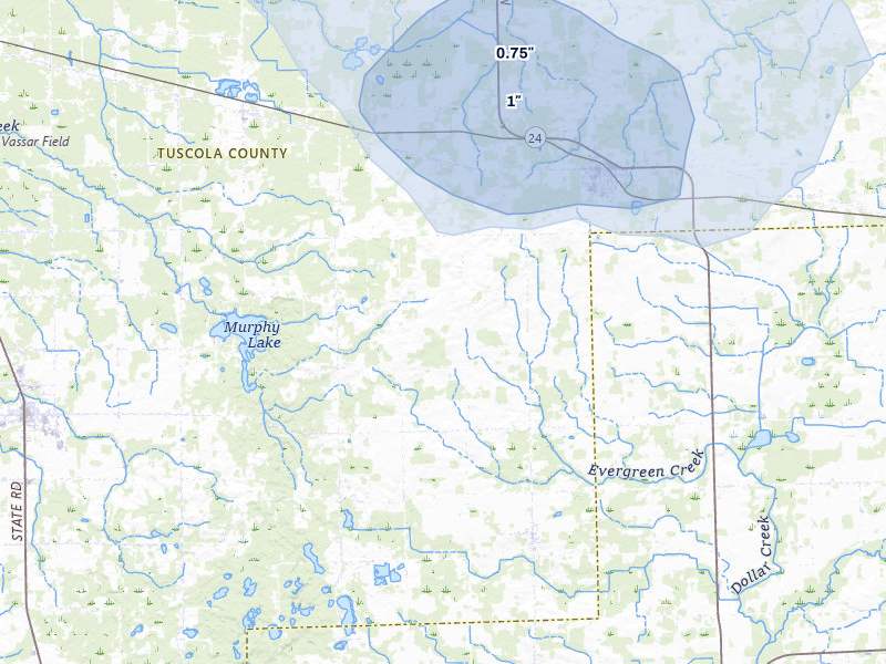 NEXRAD radar-signature map of the hail over Millington, MI