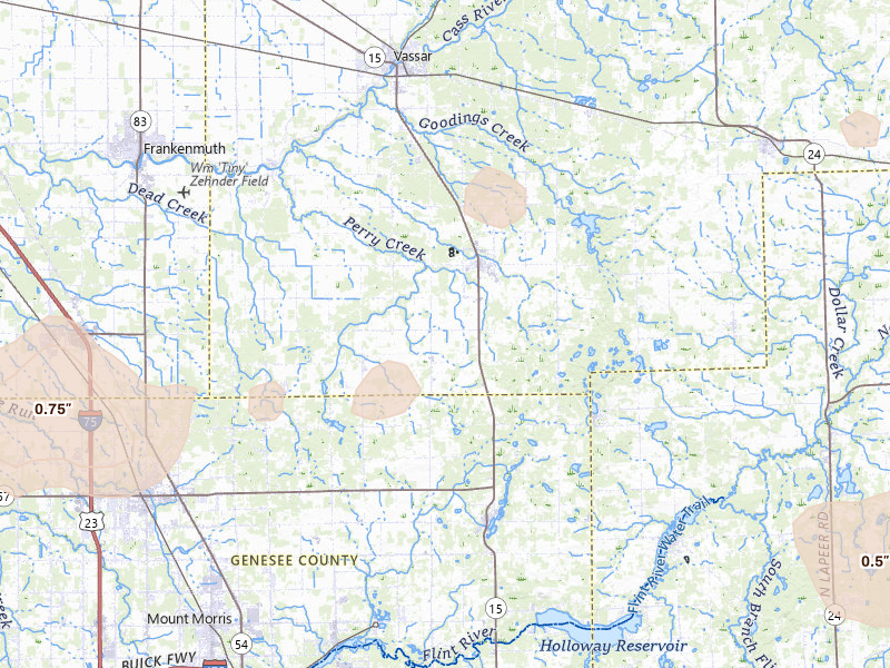 Radar-estimated hail-size map of the storm over Millington, MI on Sep 2, 2026