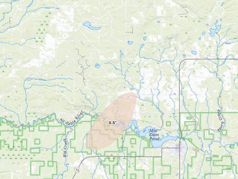 Radar-estimated hail-size map of the storm over Mio, MI on Jun 16, 2026