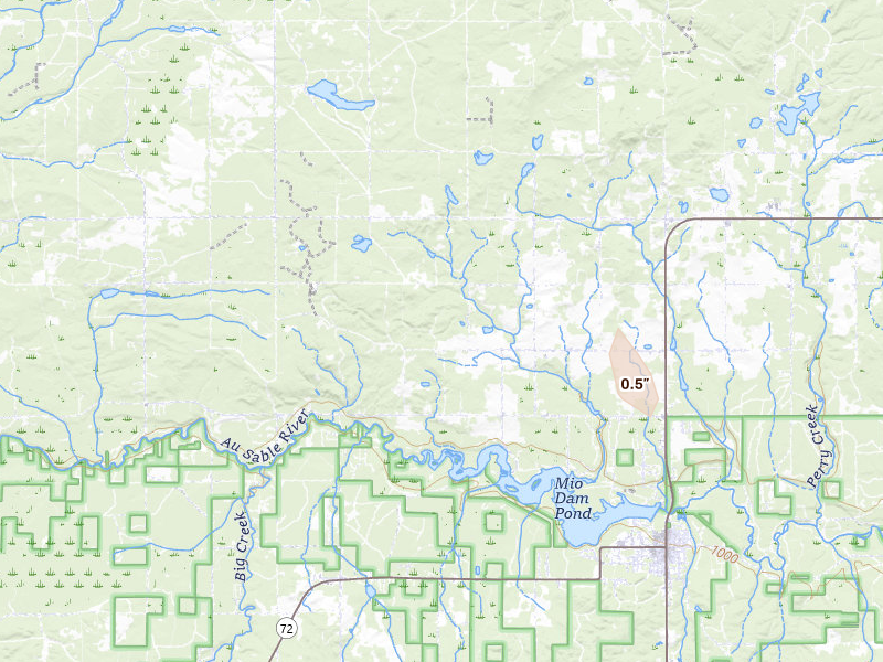 Radar-estimated hail-size map of the storm over Mio, MI on Jul 14, 2026