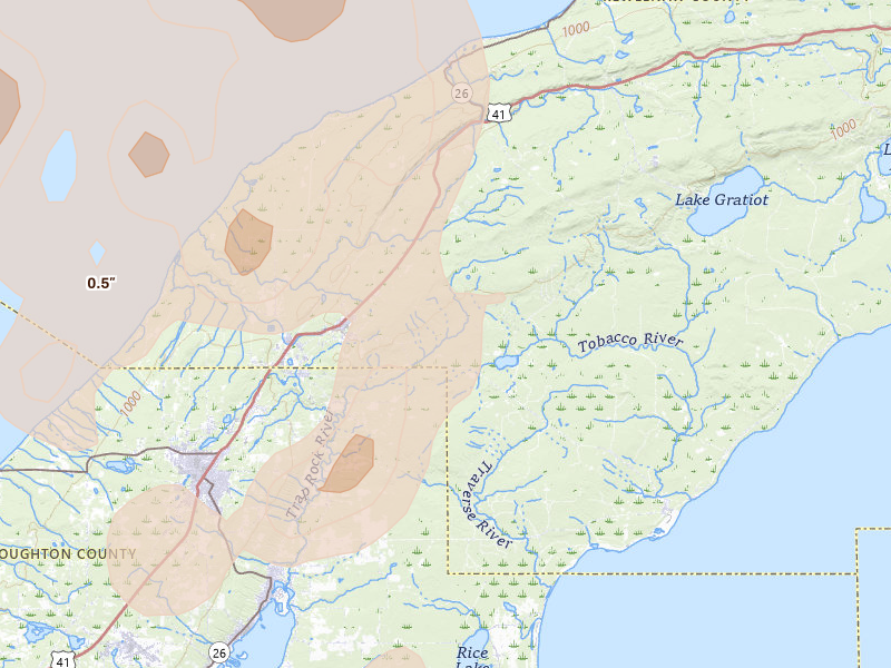 Radar-estimated hail-size map of the storm over Mohawk, MI on Jul 12, 2026