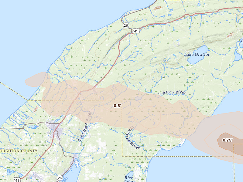 Radar-estimated hail-size map of the storm over Mohawk, MI on Jul 20, 2026