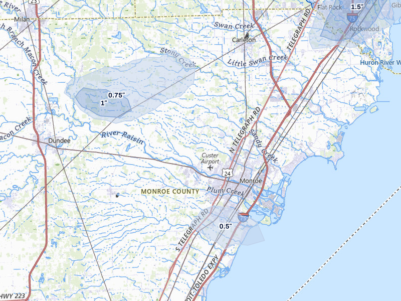 NEXRAD radar-signature map of the hail storm over Monroe, MI on Jul 3, 2026