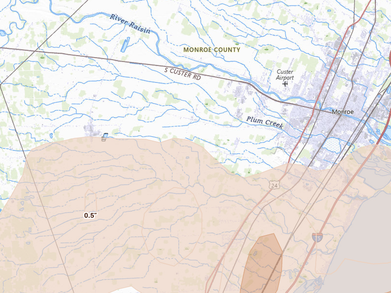 Radar-estimated hail-size map of the storm over Monroe, MI on Aug 9, 2026