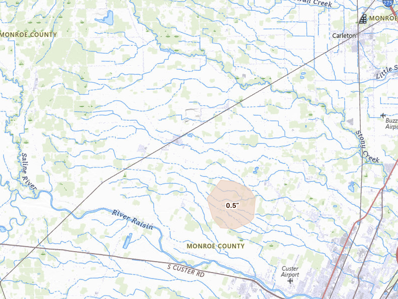 Radar-estimated hail-size map of the storm over Monroe, MI on Aug 26, 2026